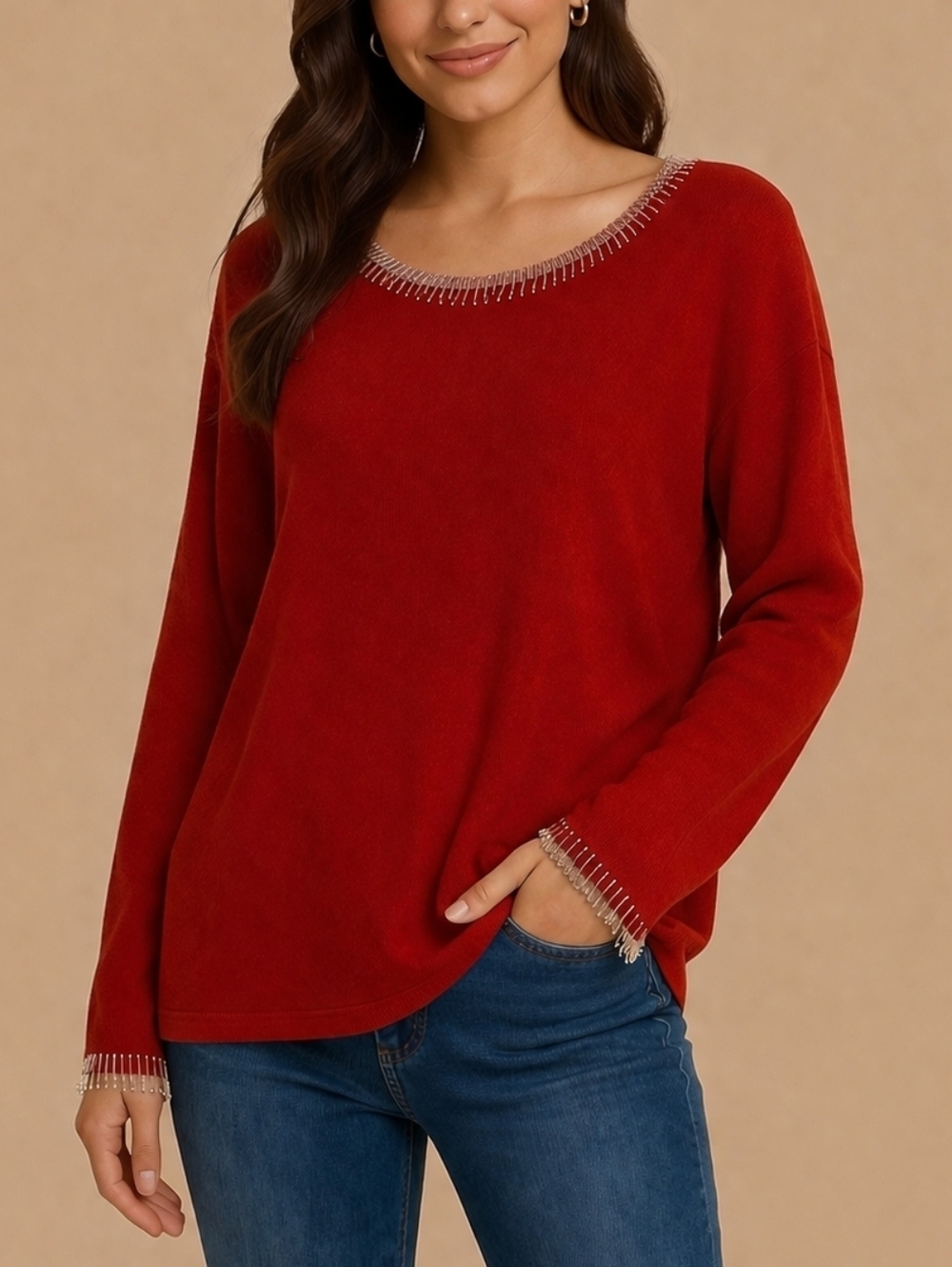 VTG LAURA SCOTT Icicle Fringe Beaded Tomato Red Sweater